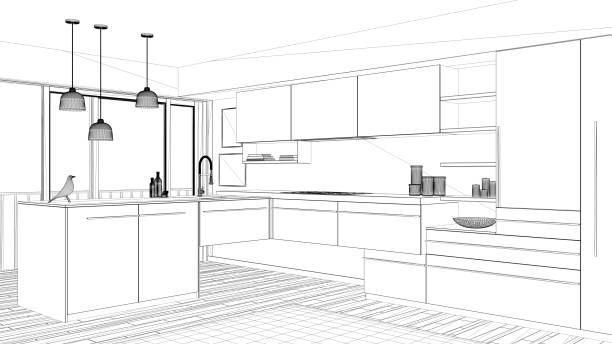 istock Interior design project, black and white ink sketch, architecture blueprint showing contemporary kitchen 1026576514