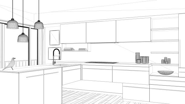 istock Interior design project, black and white ink sketch, architecture blueprint showing contemporary kitchen 1026576538