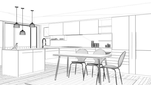 istock Interior design project, black and white ink sketch, architecture blueprint showing contemporary kitchen with dining table 1026576590