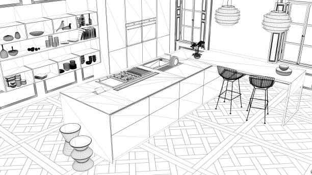 istock Interior design project, black and white ink sketch, architecture blueprint showing contemporary kitchen with dining table 1026576610