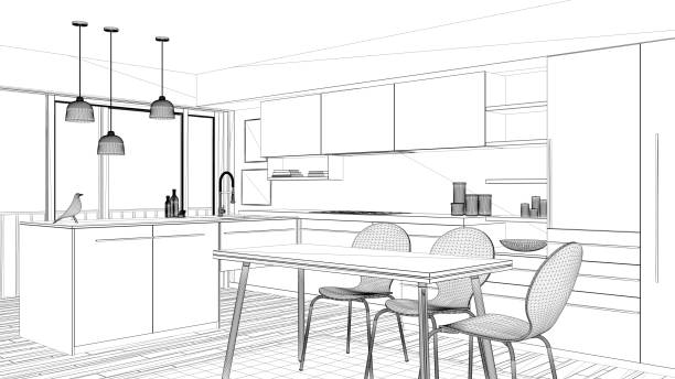istock Interior design project, black and white ink sketch, architecture blueprint showing contemporary kitchen with dining table 1026576644