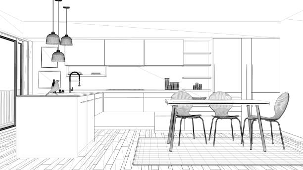 istock Interior design project, black and white ink sketch, architecture blueprint showing contemporary kitchen with dining table 1026576646