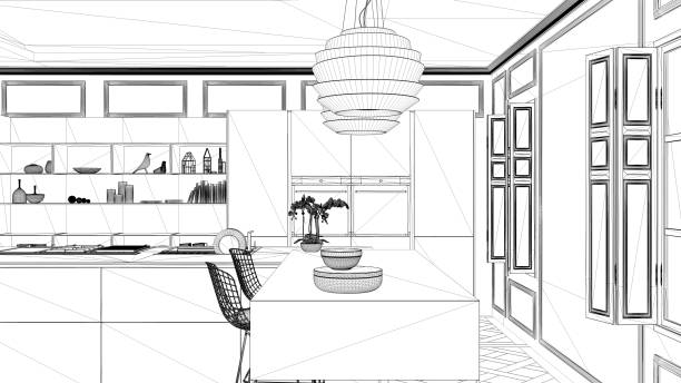 istock Interior design project, black and white ink sketch, architecture blueprint showing contemporary kitchen with dining table 1026576722