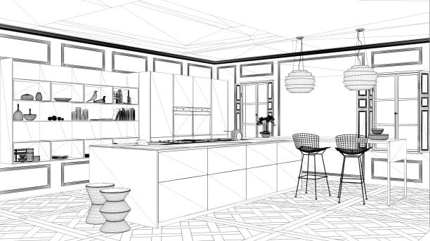 istock Interior design project, black and white ink sketch, architecture blueprint showing contemporary kitchen with dining table 1026576774