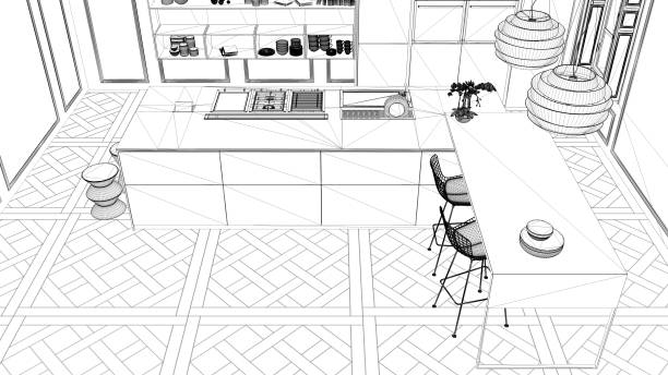 istock Interior design project, black and white ink sketch, architecture blueprint showing contemporary kitchen with dining table 1026576816