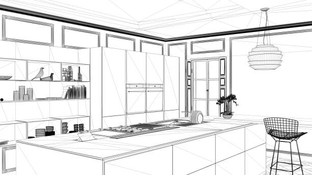 istock Interior design project, black and white ink sketch, architecture blueprint showing contemporary kitchen with island 1026576854
