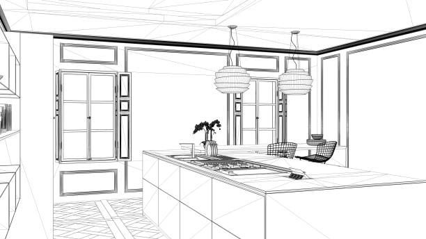istock Interior design project, black and white ink sketch, architecture blueprint showing contemporary kitchen with island 1026576882