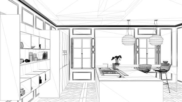 istock Interior design project, black and white ink sketch, architecture blueprint showing contemporary kitchen with island 1026576912
