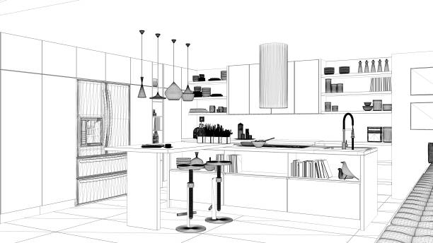 istock Interior design project, black and white ink sketch, architecture blueprint showing contemporary kitchen with island and stools 1026576994