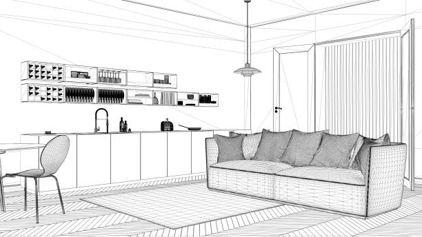 istock Interior design project, black and white ink sketch, architecture blueprint showing contemporary kitchen with sofa and carpet 1026577074