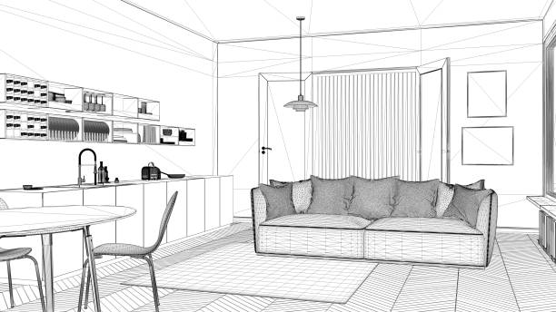istock Interior design project, black and white ink sketch, architecture blueprint showing contemporary kitchen with sofa and carpet 1026577132