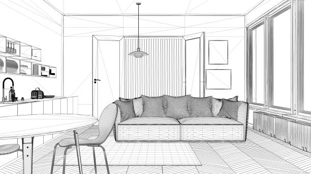 istock Interior design project, black and white ink sketch, architecture blueprint showing contemporary kitchen with sofa and carpet 1026577174
