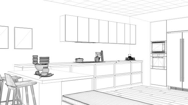 istock Interior design project, black and white ink sketch, architecture blueprint showing minimalist kitchen 1026577338