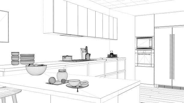 istock Interior design project, black and white ink sketch, architecture blueprint showing minimalist kitchen 1026577344