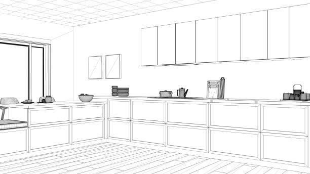 istock Interior design project, black and white ink sketch, architecture blueprint showing minimalist kitchen 1026577386