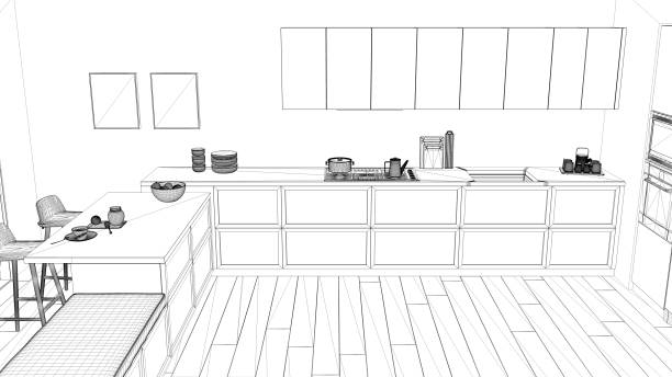 istock Interior design project, black and white ink sketch, architecture blueprint showing minimalist kitchen 1026577390