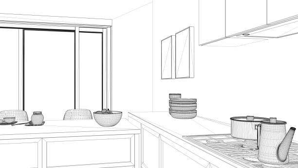 istock Interior design project, black and white ink sketch, architecture blueprint showing minimalist kitchen 1026577404