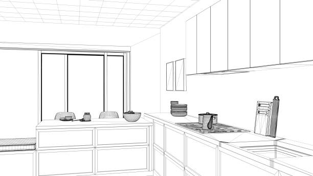 Interior design project, black and white ink sketch, architecture blueprint showing minimalist kitchen
