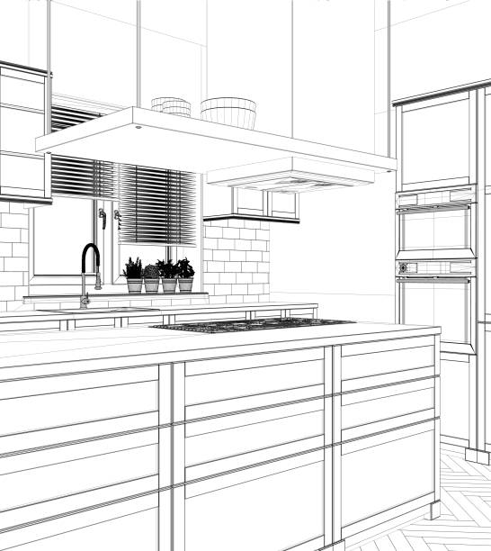istock Interior design project, black and white ink sketch, architecture blueprint showing modern kitchen with island 1026577504