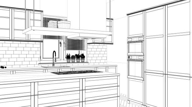 istock Interior design project, black and white ink sketch, architecture blueprint showing modern kitchen with island 1026577518