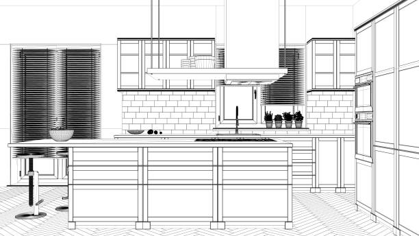 istock Interior design project, black and white ink sketch, architecture blueprint showing modern kitchen with island 1026577548