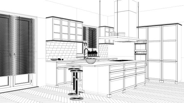 istock Interior design project, black and white ink sketch, architecture blueprint showing modern kitchen with island and stools 1026577594