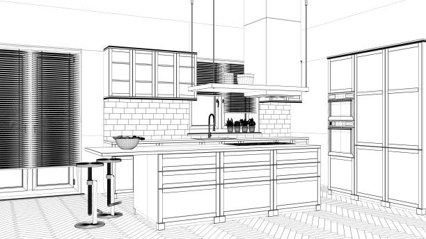 istock Interior design project, black and white ink sketch, architecture blueprint showing modern kitchen with island and stools 1026577654