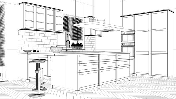 istock Interior design project, black and white ink sketch, architecture blueprint showing modern kitchen with island and stools 1026577666
