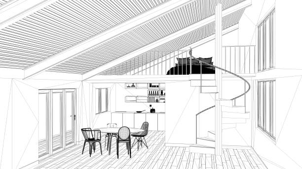 istock Interior design project, black and white ink sketch, architecture blueprint showing modern kitchen with staircase and mezzanine 1026577684