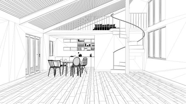 istock Interior design project, black and white ink sketch, architecture blueprint showing modern kitchen with staircase and mezzanine 1026577698