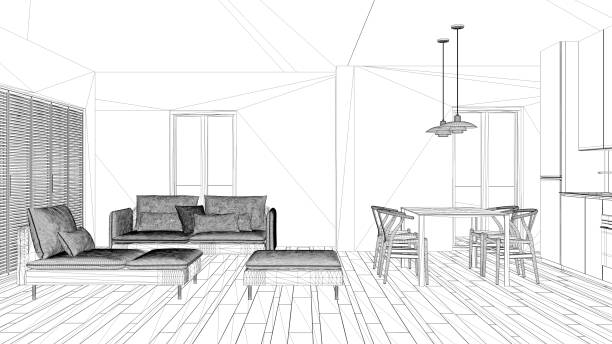 istock Interior design project, black and white ink sketch, architecture blueprint showing modern living room with kitchen 1026578034