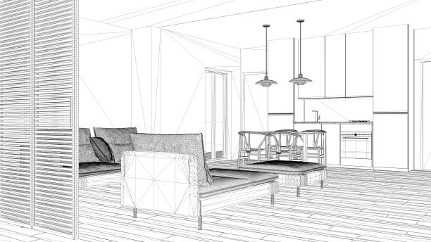 istock Interior design project, black and white ink sketch, architecture blueprint showing modern living room with kitchen 1026579772