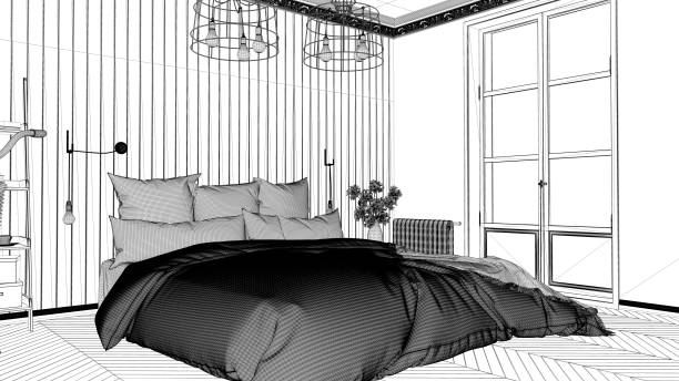 istock Interior design project, black and white ink sketch, architecture blueprint showing scandinavian bedroom with double bed 1026579828
