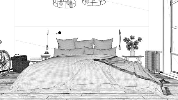 istock Interior design project, black and white ink sketch, architecture blueprint showing scandinavian bedroom with double bed 1026579846
