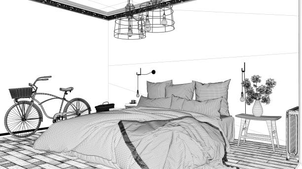 istock Interior design project, black and white ink sketch, architecture blueprint showing scandinavian bedroom with double bed 1026579862