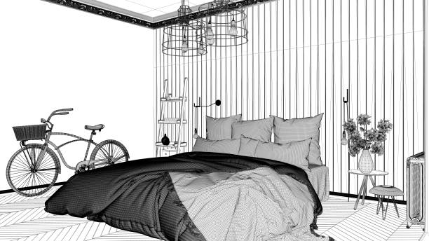 istock Interior design project, black and white ink sketch, architecture blueprint showing scandinavian bedroom with double bed 1026579910