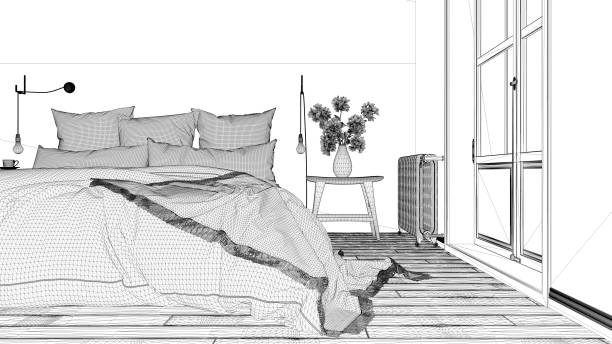 Interior design project, black and white ink sketch, architecture blueprint showing scandinavian bedroom with double bed