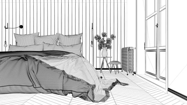 istock Interior design project, black and white ink sketch, architecture blueprint showing scandinavian bedroom with double bed 1026579956