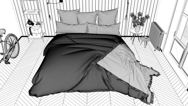 istock Interior design project, black and white ink sketch, architecture blueprint showing scandinavian bedroom with double bed 1026579976