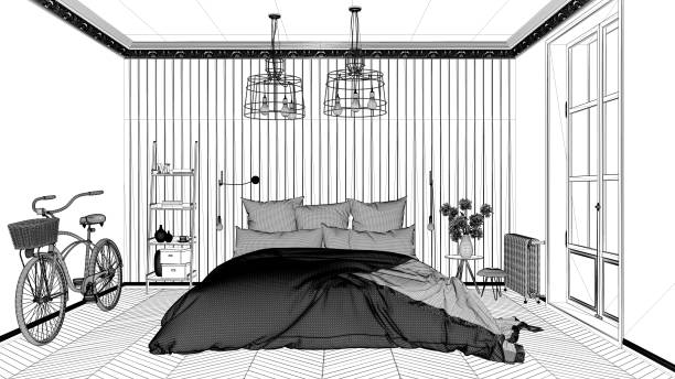 istock Interior design project, black and white ink sketch, architecture blueprint showing scandinavian bedroom with double bed 1026580002