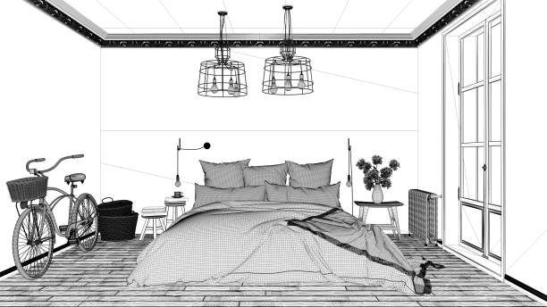 istock Interior design project, black and white ink sketch, architecture blueprint showing scandinavian bedroom with double bed 1026580022