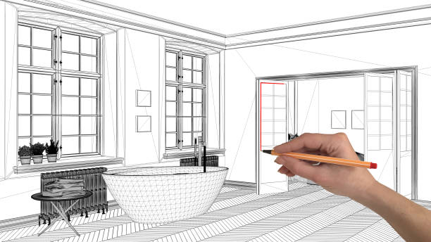 istock Interior design project concept, hand drawing custom architecture, black and white ink sketch, blueprint showing classic bathroom with bathtub 1026580034