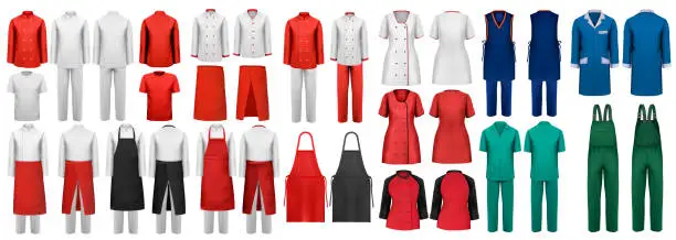 Vector illustration of Mega set of overalls with worker and medical clothes. Design template. Vector illustration.