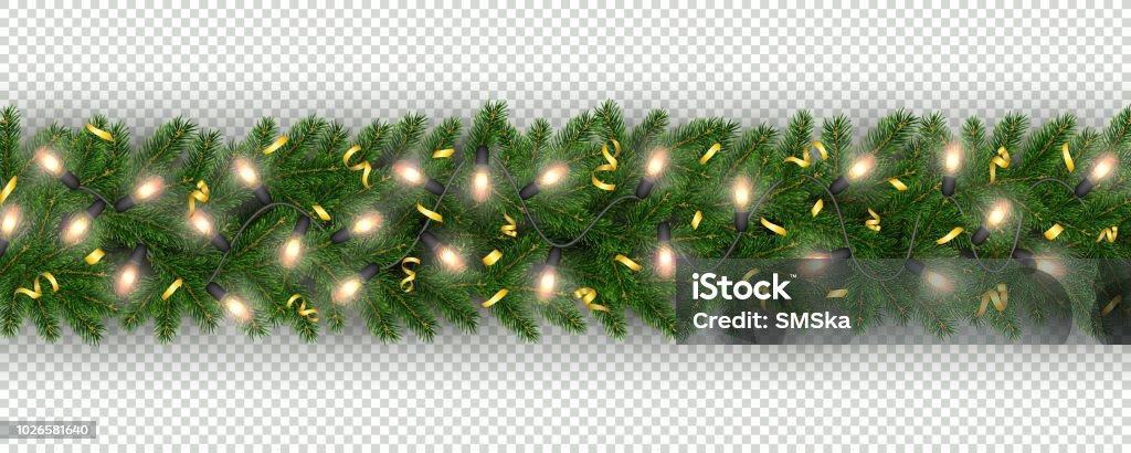 New Year border of realistic branches of Christmas tree, garland light bulbs Christmas and New Year border of realistic branches of Christmas tree, garland, serpentine Element for festive design isolated on transparent background Vector Christmas stock vector