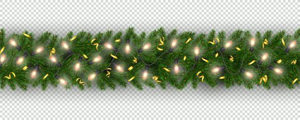 New Year border of realistic branches of Christmas tree, garland light bulbs Christmas and New Year border of realistic branches of Christmas tree, garland, serpentine Element for festive design isolated on transparent background Vector floral garland stock illustrations