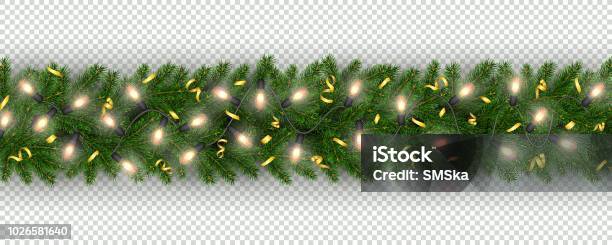 New Year Border Of Realistic Branches Of Christmas Tree Garland Light Bulbs Stock Illustration - Download Image Now