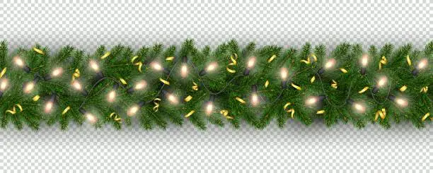 Vector illustration of New Year border of realistic branches of Christmas tree, garland light bulbs