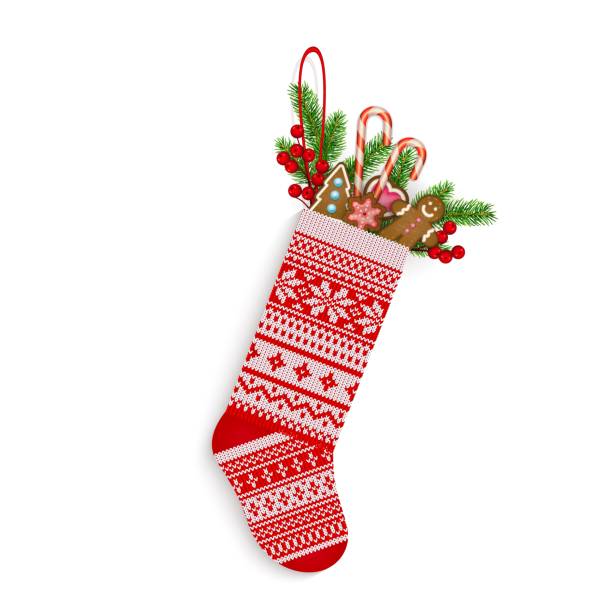 Christmas stocking with sweets and gifts in Scandinavian style isolated on white Christmas stocking with sweets and gifts in Scandinavian style isolated on white background Hand-knitting Red and white festive Christmas ornament Vector illustration nylon stock illustrations