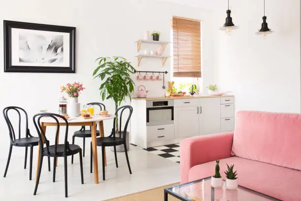 Pink sofa in white apartment interior with kitchenette and black chairs at dining table. Real photo