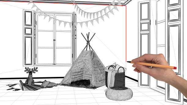 Interior design project concept, hand drawing custom architecture, black and white ink sketch, blueprint showing child room with tent